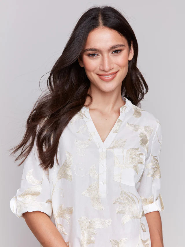 Charlie B Embroidered Cotton Half-Button Blouse - Gold