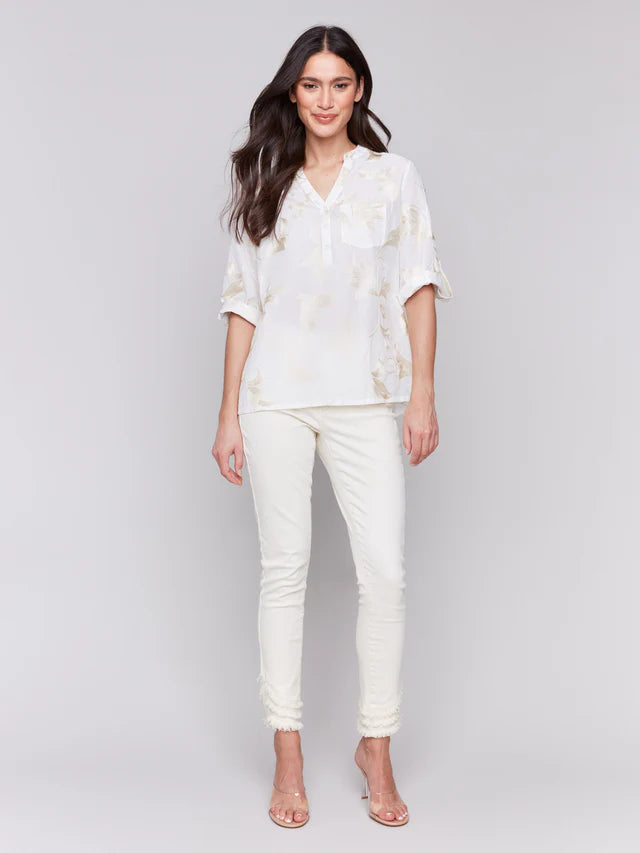 Charlie B Embroidered Cotton Half-Button Blouse - Gold