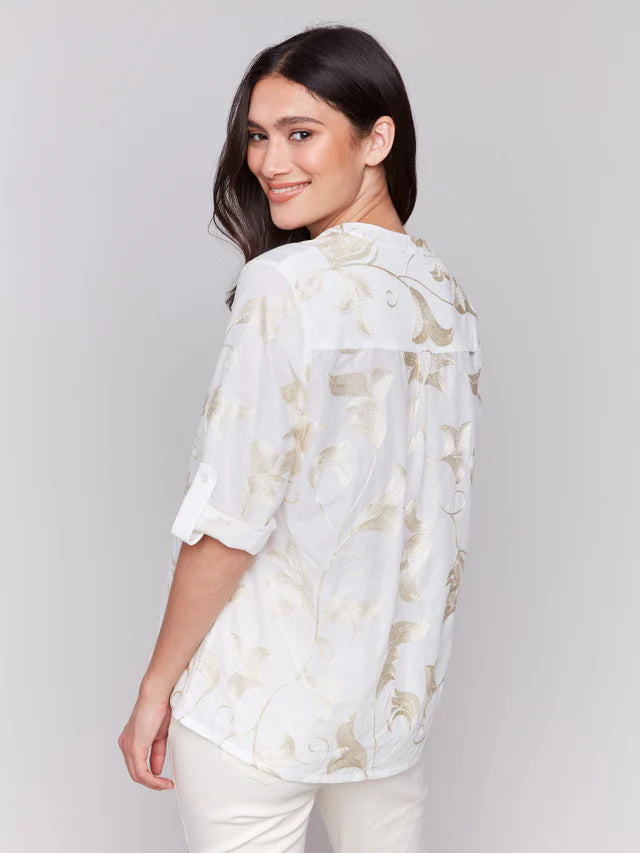 Charlie B Embroidered Cotton Half-Button Blouse - Gold