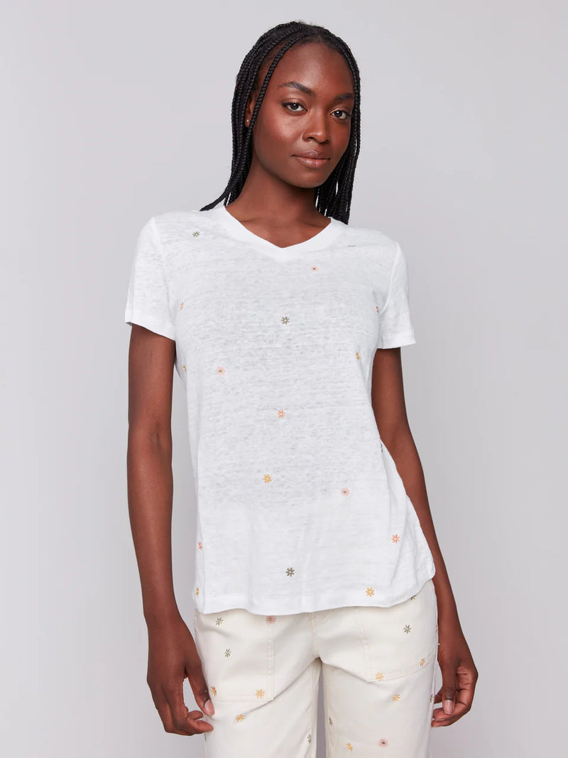 Charlie B Embroidered Cotton V-Neck T-Shirt - Floral