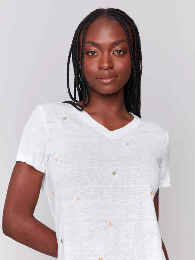 Charlie B Embroidered Cotton V-Neck T-Shirt - Floral