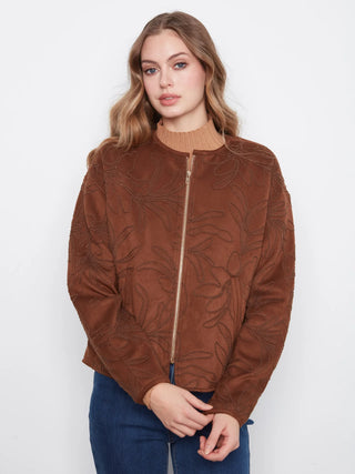 Charlie B Embroidered Faux Suede Bomber Jacket - Brown