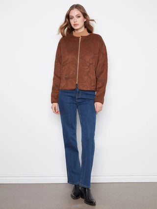Charlie B Embroidered Faux Suede Bomber Jacket - Brown