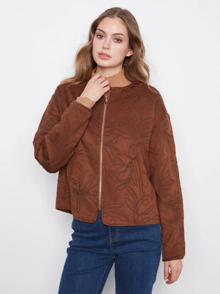 Charlie B Embroidered Faux Suede Bomber Jacket - Brown