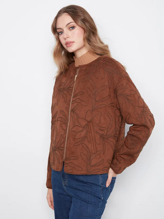 Charlie B Embroidered Faux Suede Bomber Jacket - Brown