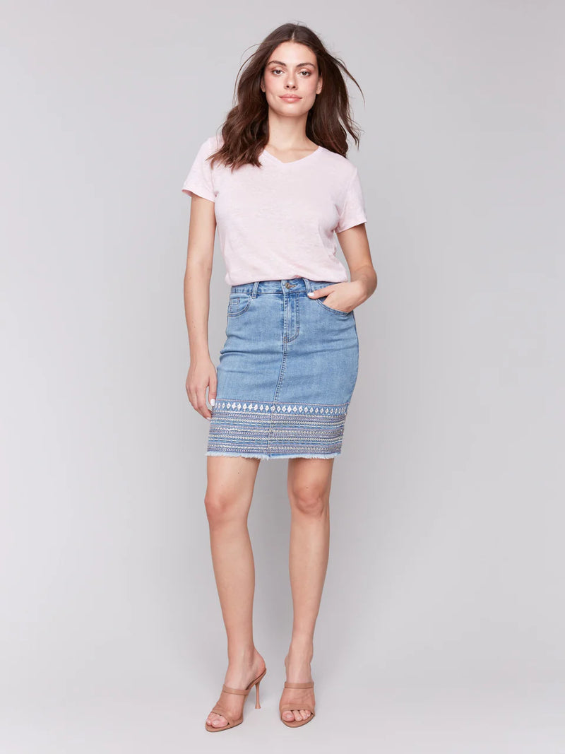 Charlie B Embroidered Hem Denim Skort - White