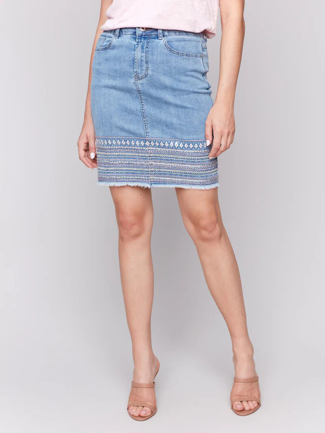 Charlie B Embroidered Hem Denim Skort - White