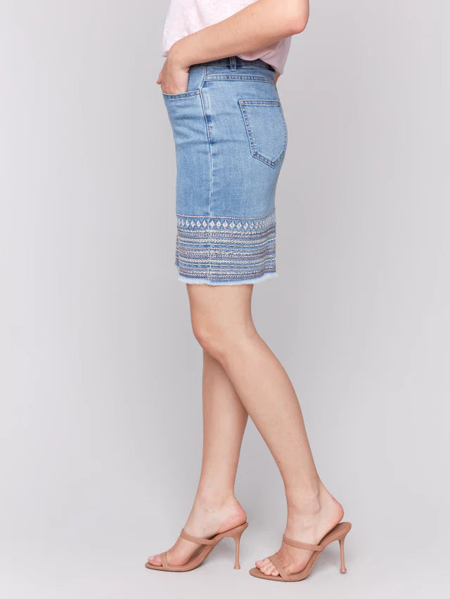 Charlie B Embroidered Hem Denim Skort - White