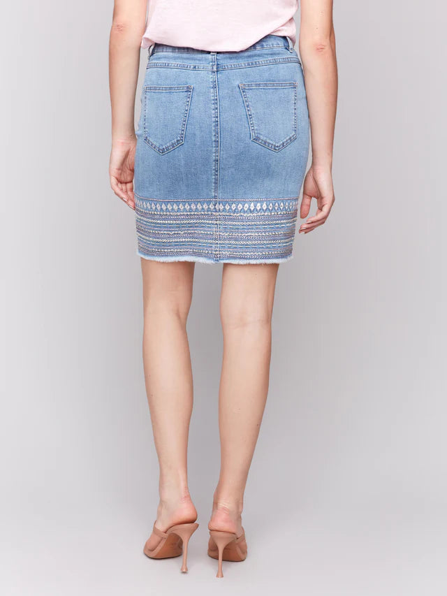 Charlie B Embroidered Hem Denim Skort - White