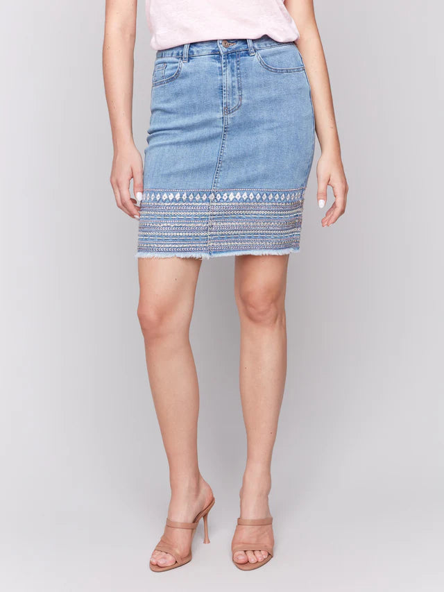 Charlie B Embroidered Hem Denim Skort - White
