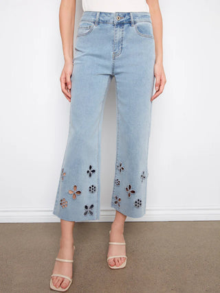 Charlie B Floral Cutout Wide Leg Jeans - Light Blue