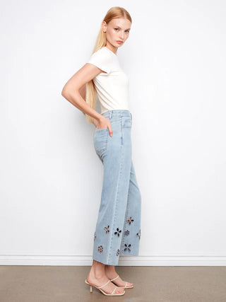 Charlie B Floral Cutout Wide Leg Jeans - Light Blue