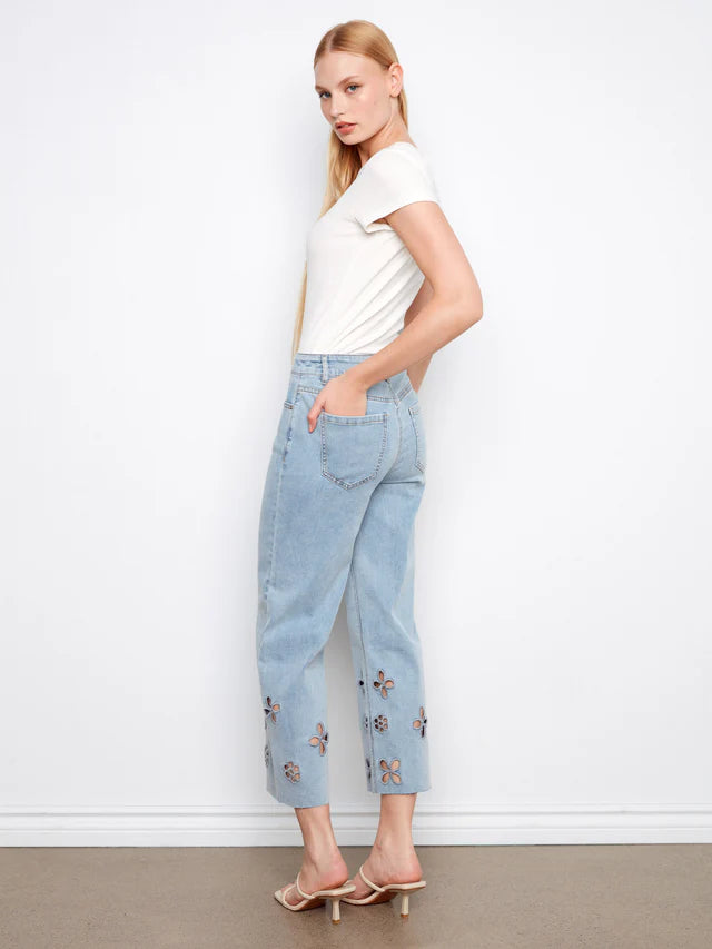 Charlie B Floral Cutout Wide Leg Jeans - Light Blue
