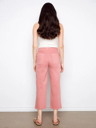 Charlie B Front Button-Fly Crop Twill Pants - Carnation