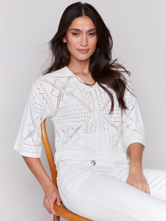 Charlie B Johnny Collar Pointelle Sweater - White