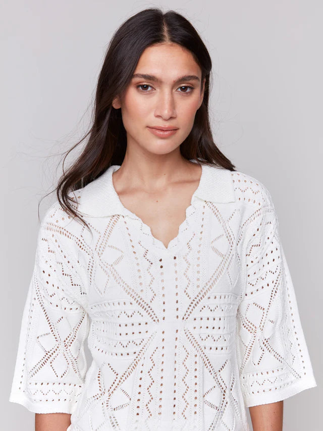 Charlie B Johnny Collar Pointelle Sweater - White