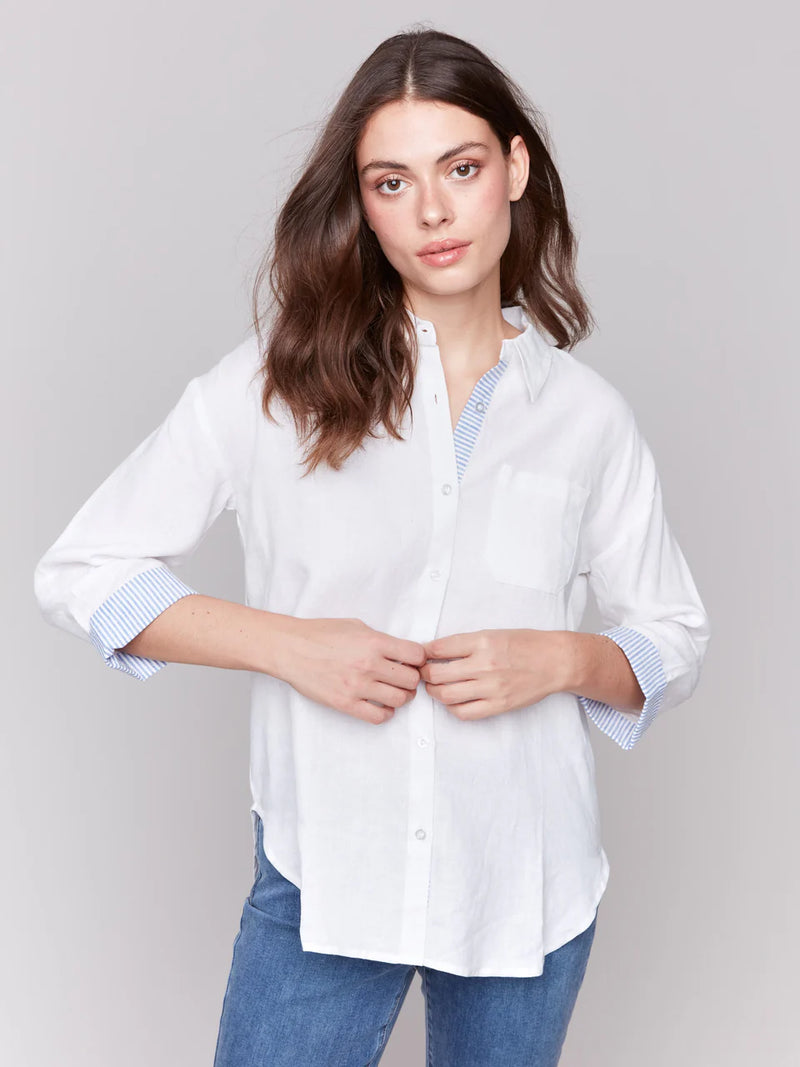 Charlie B Linen Blend Drop Shoulder Shirt with Striped Cuffs - White