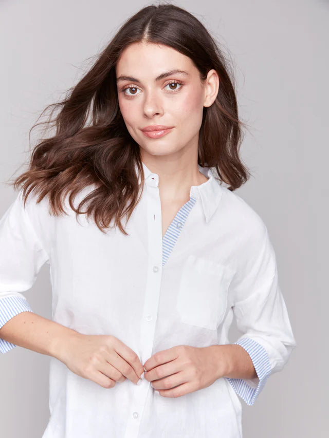 Charlie B Linen Blend Drop Shoulder Shirt with Striped Cuffs - White