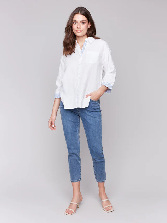 Charlie B Linen Blend Drop Shoulder Shirt with Striped Cuffs - White
