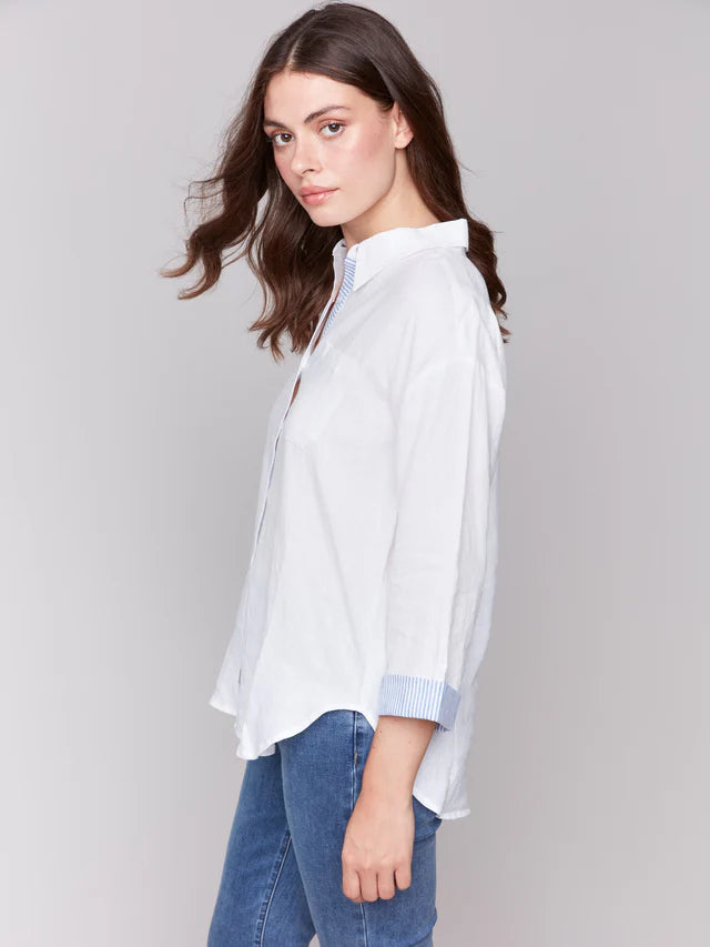 Charlie B Linen Blend Drop Shoulder Shirt with Striped Cuffs - White