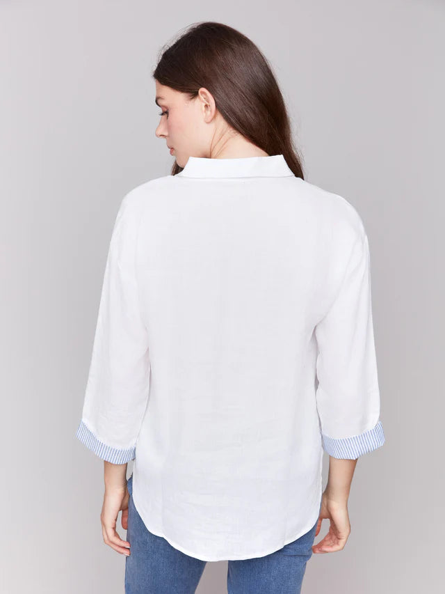 Charlie B Linen Blend Drop Shoulder Shirt with Striped Cuffs - White
