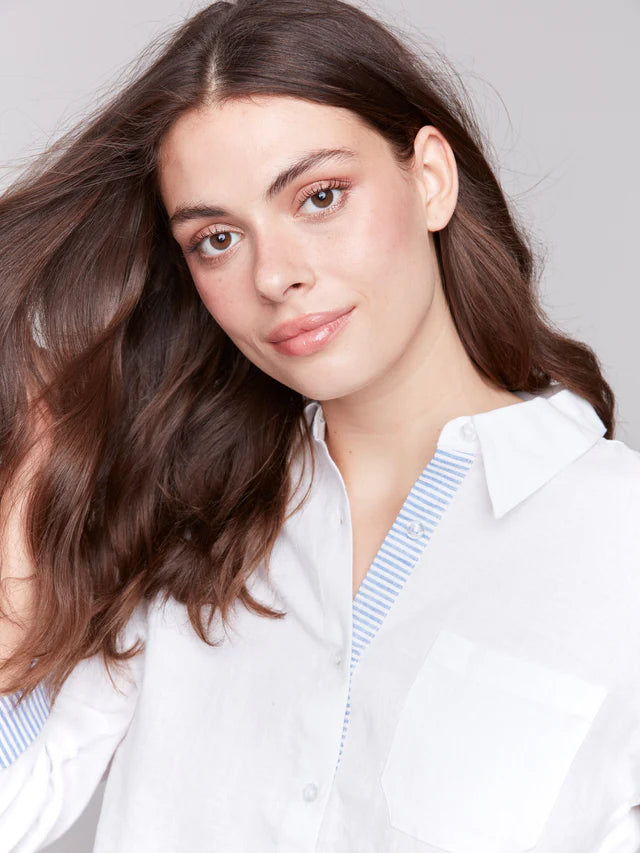 Charlie B Linen Blend Drop Shoulder Shirt with Striped Cuffs - White