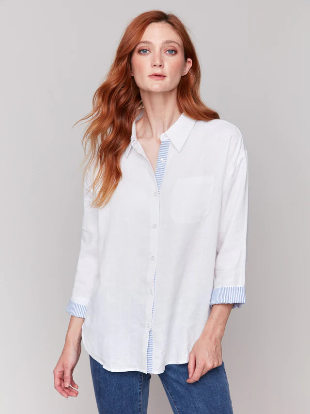 Charlie B Linen Blend Drop Shoulder Shirt with Striped Cuffs - White