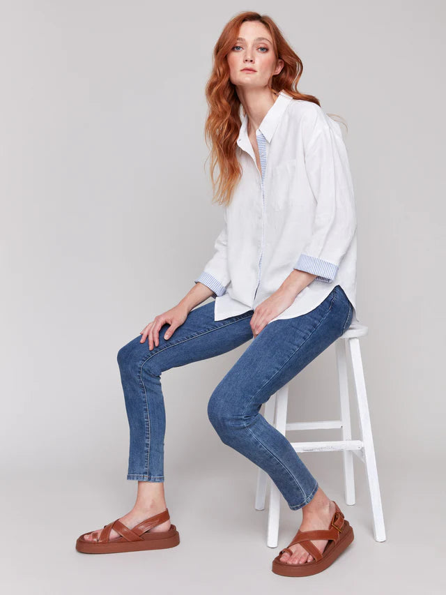 Charlie B Linen Blend Drop Shoulder Shirt with Striped Cuffs - White