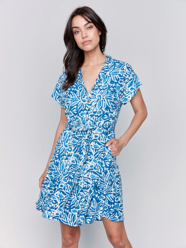 Charlie B Linen Blend Short Sleeve Button-Front Dress - Reef