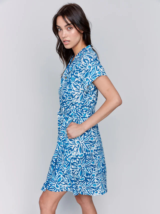 Charlie B Linen Blend Short Sleeve Button-Front Dress - Reef