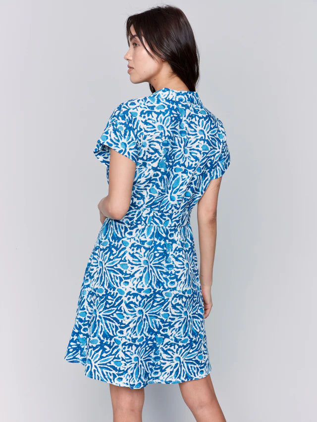 Charlie B Linen Blend Short Sleeve Button-Front Dress - Reef