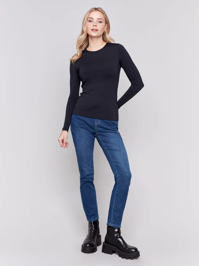 Charlie B. Super Stretch Long Sleeve Top Double Clothe Knit - Black C1367PK