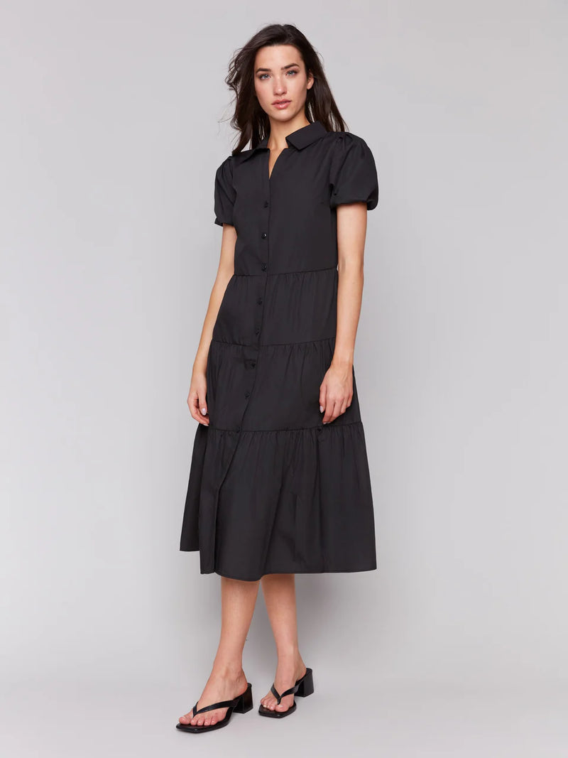 Charlie B Poplin Puff Sleeve Midi Dress - Black