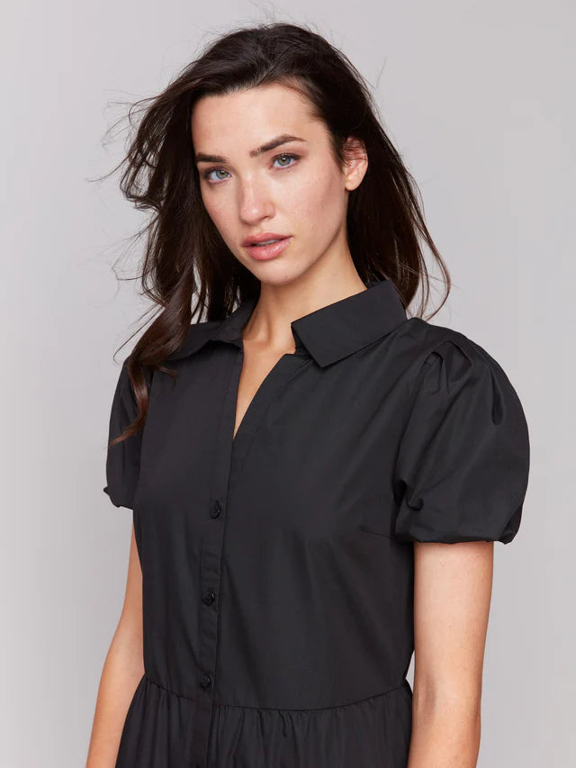 Charlie B Poplin Puff Sleeve Midi Dress - Black