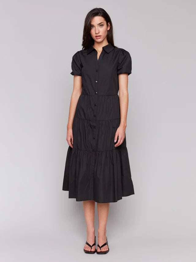 Charlie B Poplin Puff Sleeve Midi Dress - Black