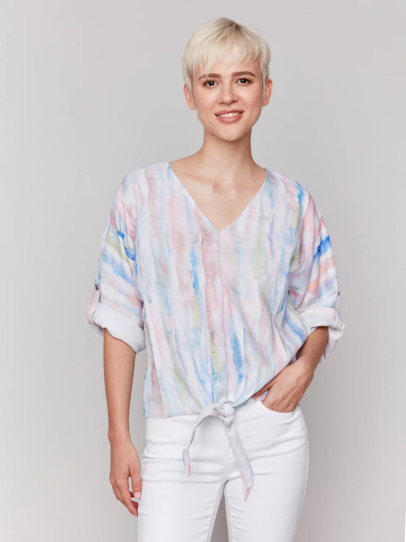 Charlie B Printed 3/4 Sleeve Top with Front Tie - Watercolor