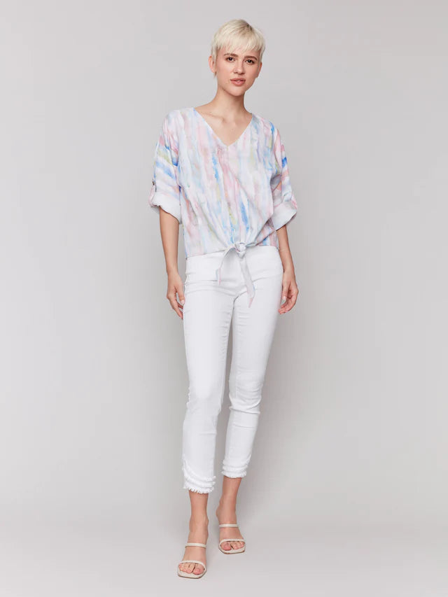 Charlie B Printed 3/4 Sleeve Top with Front Tie - Watercolor