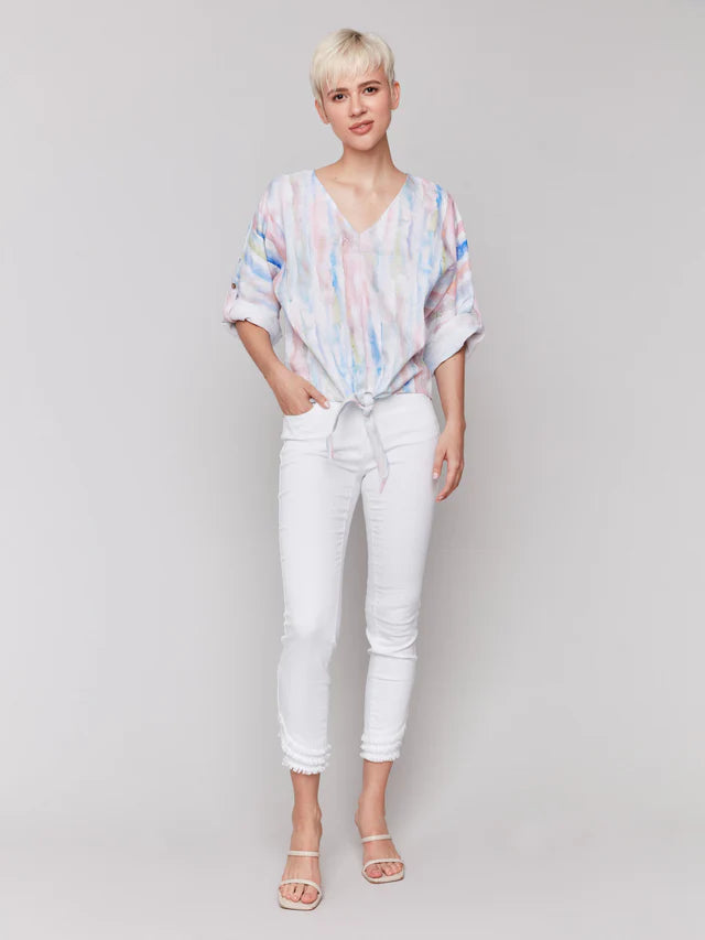 Charlie B Printed 3/4 Sleeve Top with Front Tie - Watercolor