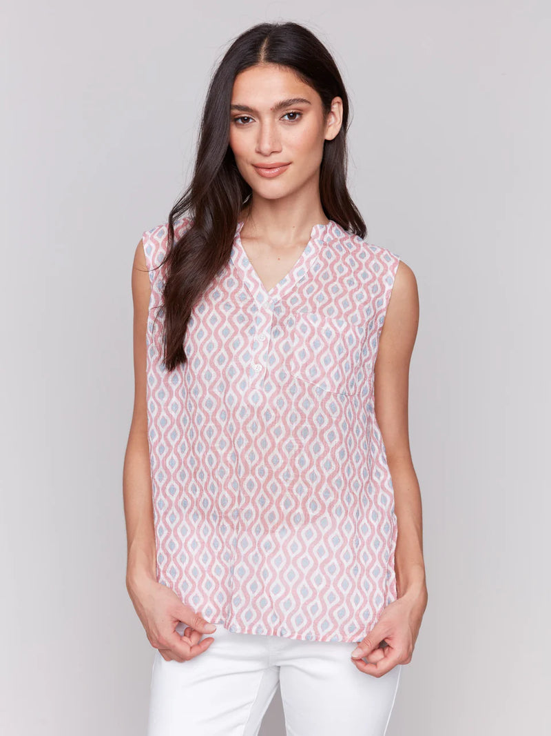 Charlie B Printed Cotton Gauze Sleeveless Shirt - Waves