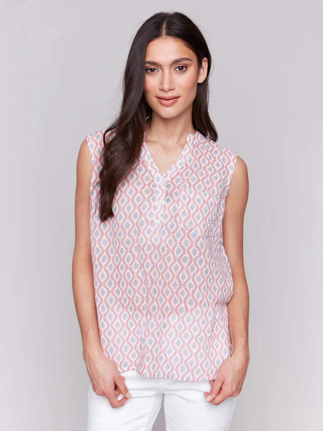 Charlie B Printed Cotton Gauze Sleeveless Shirt - Waves