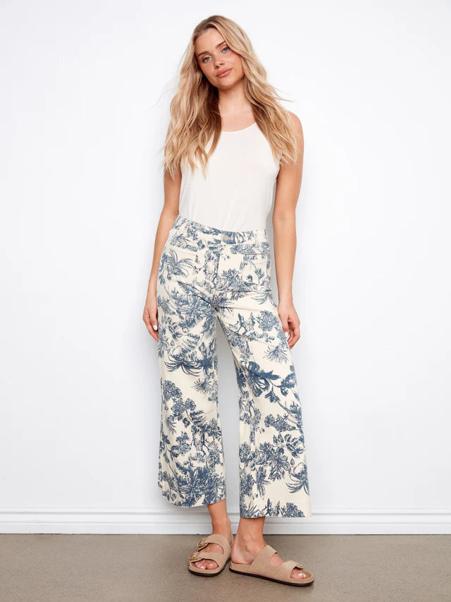 Charlie B Printed Cropped Patch Pocket Flare Twill Pants - Versailles