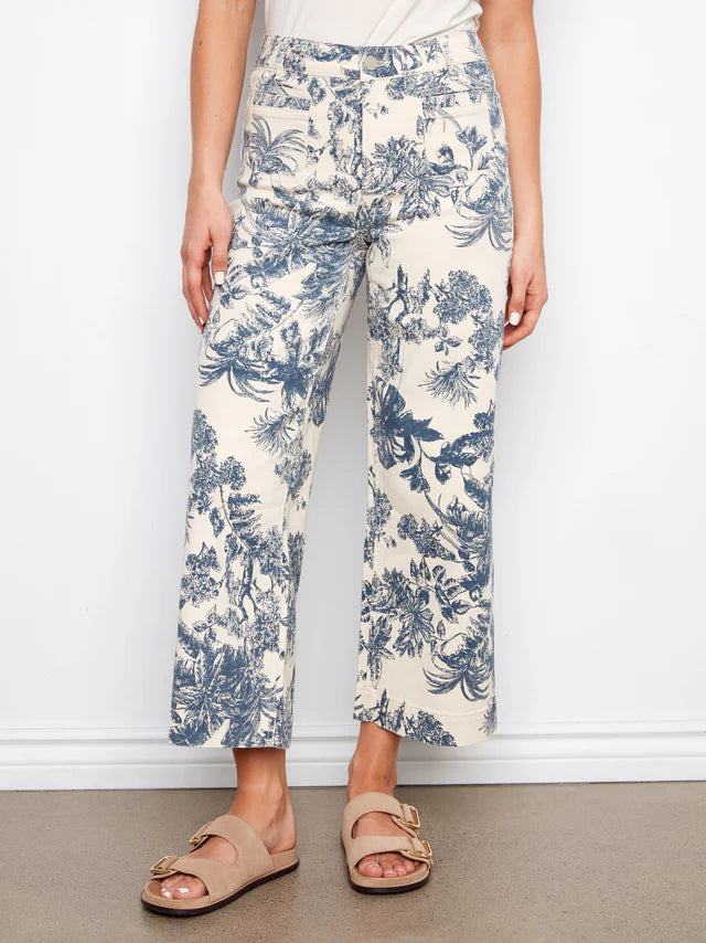Charlie B Printed Cropped Patch Pocket Flare Twill Pants - Versailles