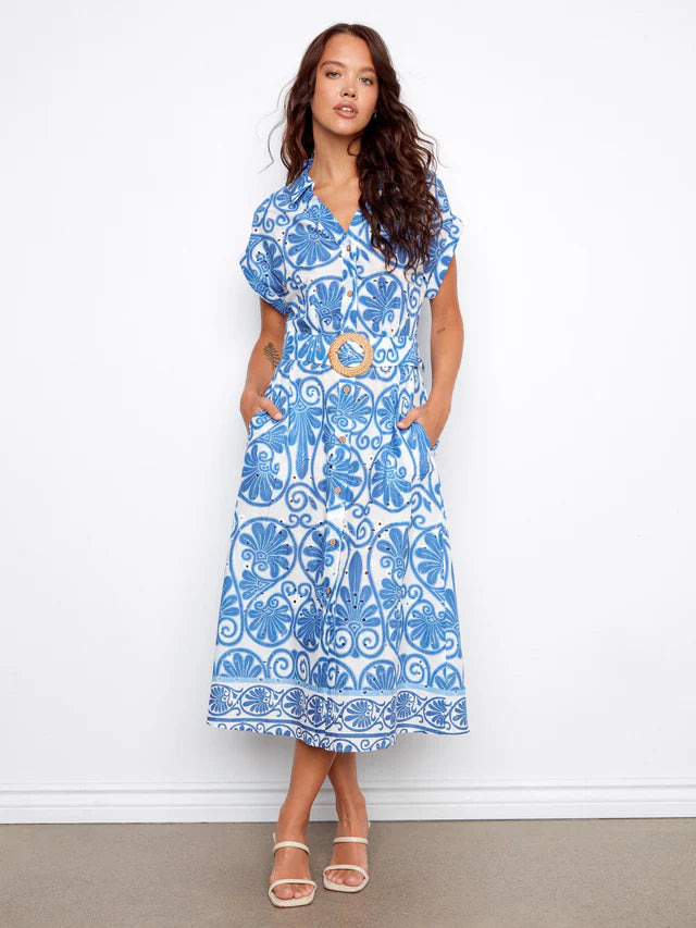 Charlie B Printed Eyelet Cotton Dress With Belt - Astral
