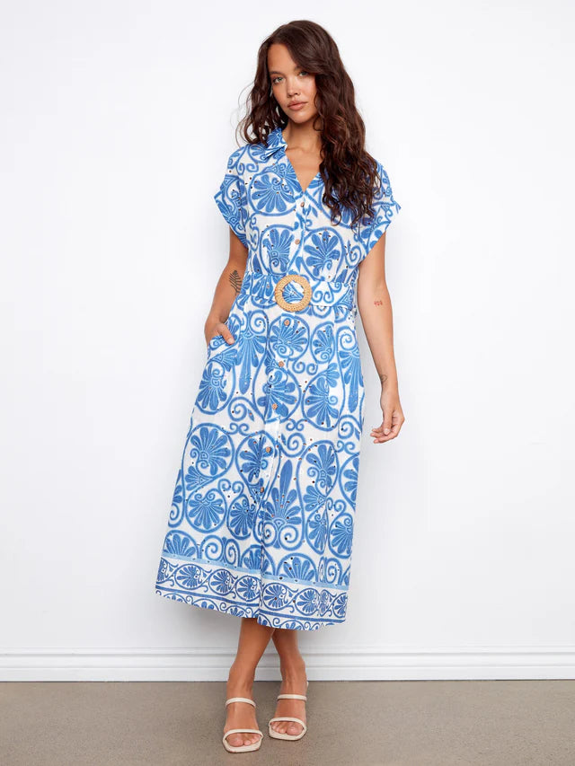 Charlie B Printed Eyelet Cotton Dress With Belt - Astral