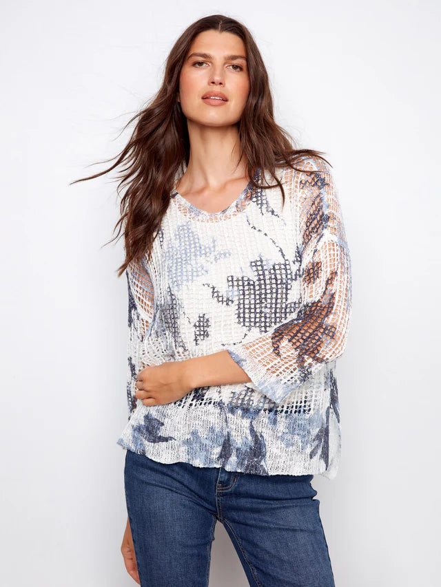 Charlie B Printed Fishnet Crochet Sweater - Tranquil