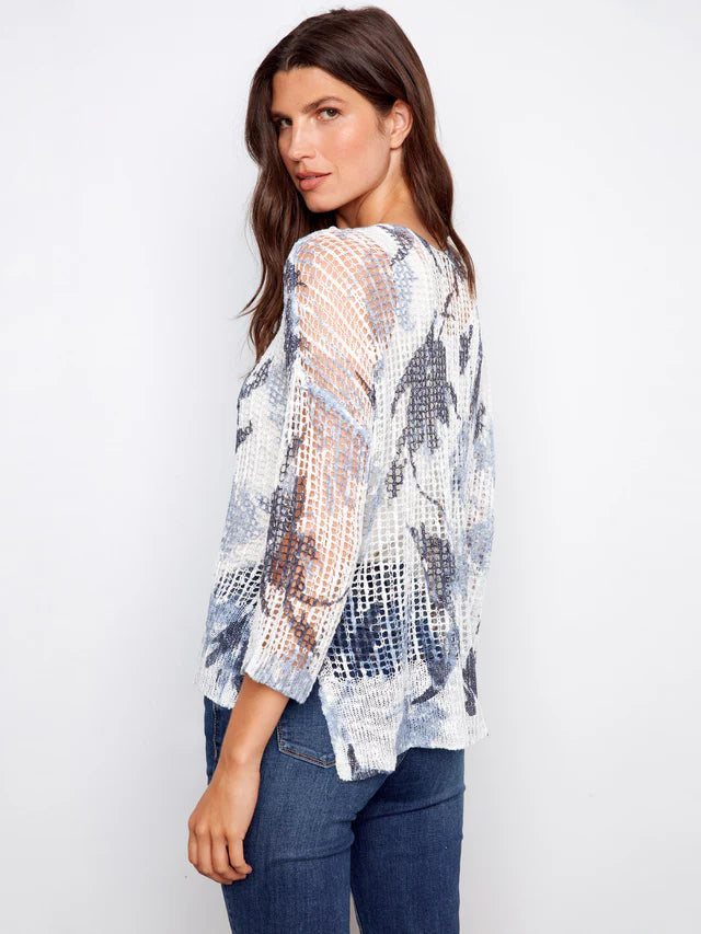 Charlie B Printed Fishnet Crochet Sweater - Tranquil