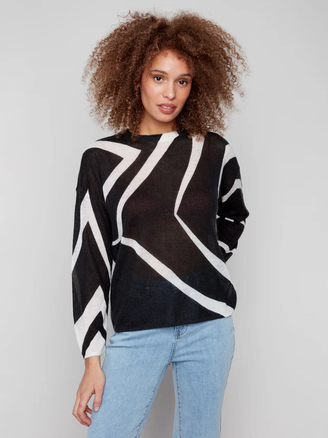 Charlie B Printed Mohair Like Knit Sweater - Black