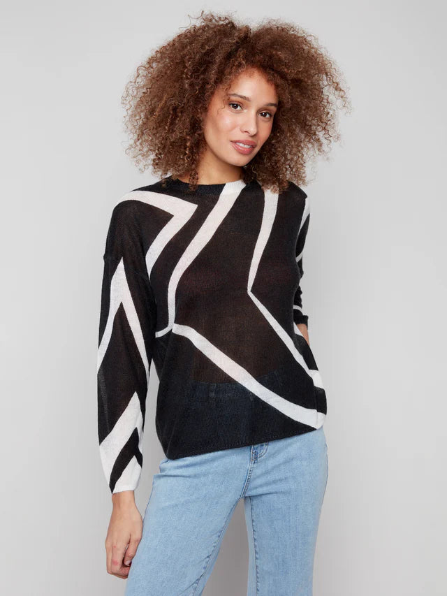 Charlie B Printed Mohair Like Knit Sweater - Black