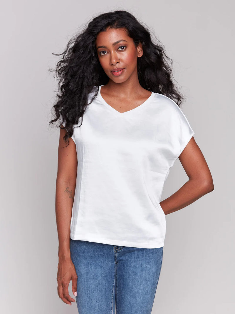 FINAL SALE Charlie B Organic Satin V-Neck Knit Top - Natural