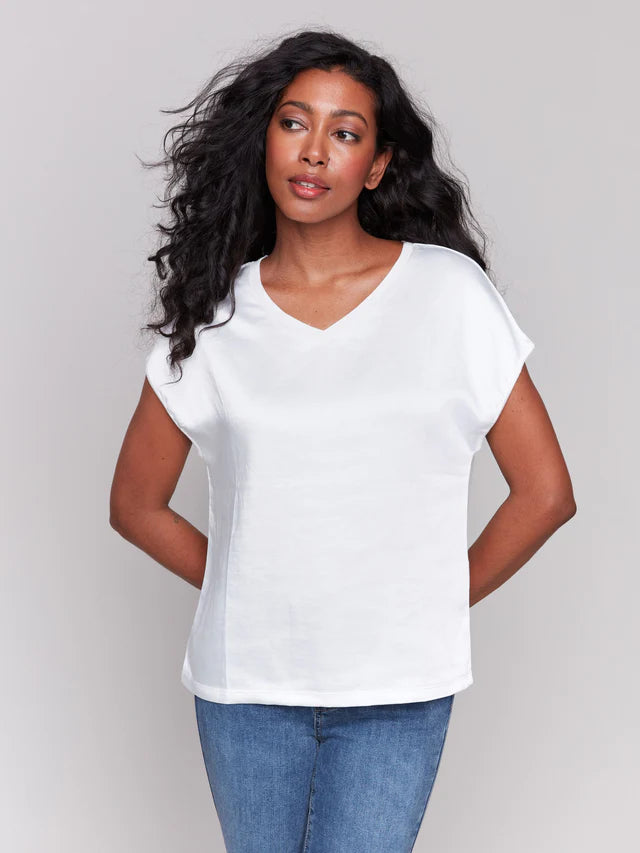 FINAL SALE Charlie B Organic Satin V-Neck Knit Top - Natural